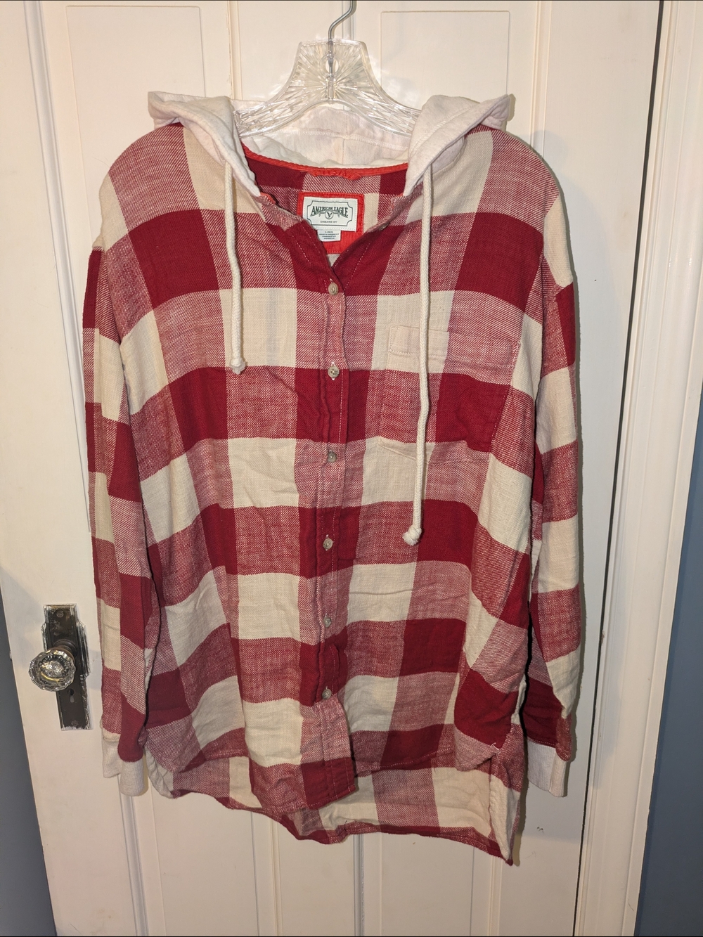 American Eagle Red & Cream Plaid Hooded Flannel Shirt